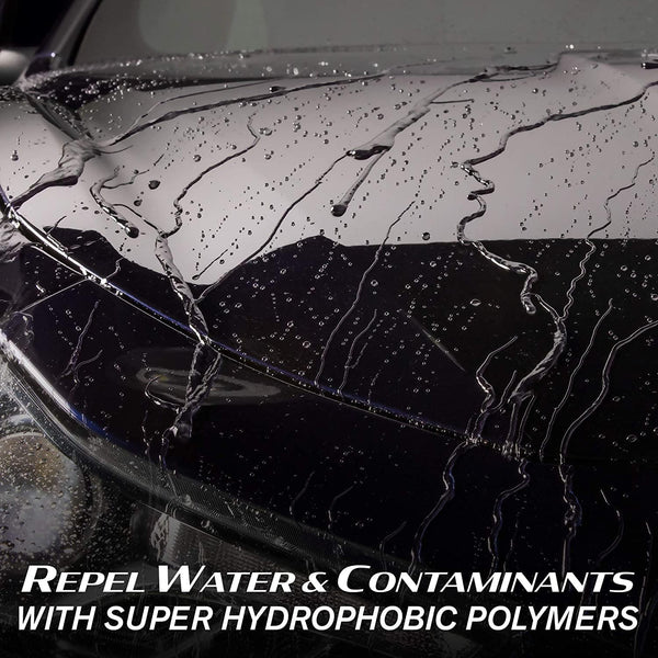 Hydrophobic coating on a car. Water beads and sheets off auto paint, headlight and windshield for ultimate protection.