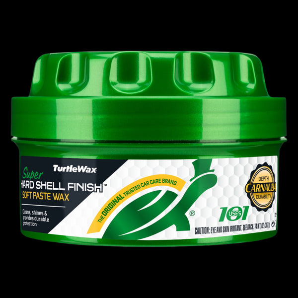 Turtle Wax Hard Shell car wax paste in green container. Car care product with trusted brand logo and durability guarantee.