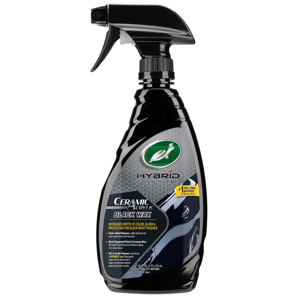 Bottle of Turtle Wax Hybrid Solutions Ceramic Acrylic Black Car Wax Spray for black paint finishes.