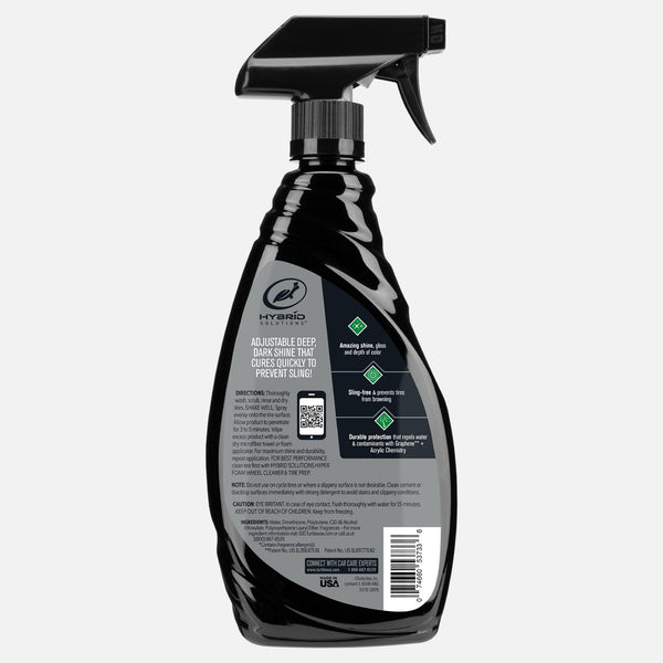 Hybrid Solutions Tire Shine spray. Graphene and acrylic formula. Get amazing shine and durable tire protection. Turtle Wax product.