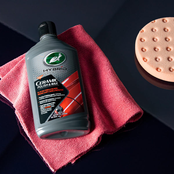 Turtle Wax Hybrid Solutions Ceramic Polish & Wax with application pad and towel. Car detailing product.