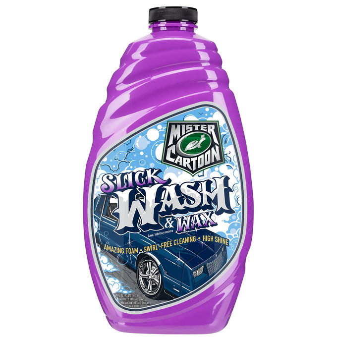 Purple bottle of Mister Cartoon, with a Turtle Wax logo, car wash & wax product. Illustration of a blue car on the label.
