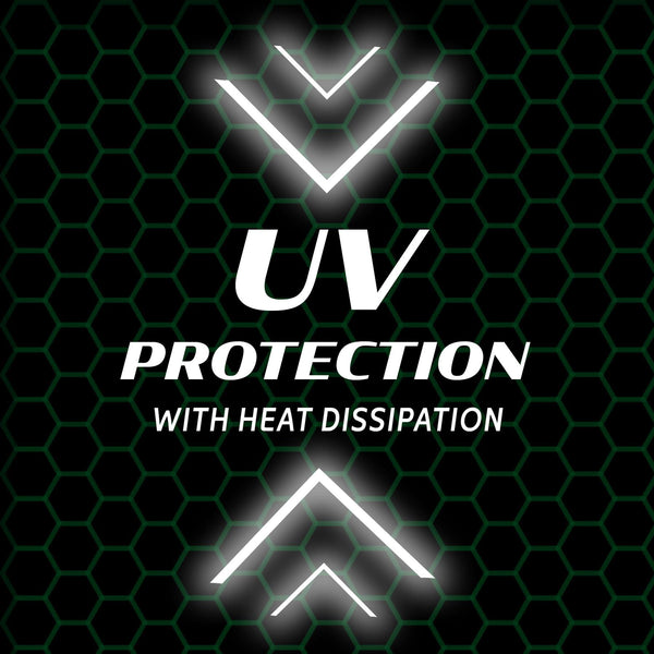 UV protection with heat dissipation on a black honeycomb background.